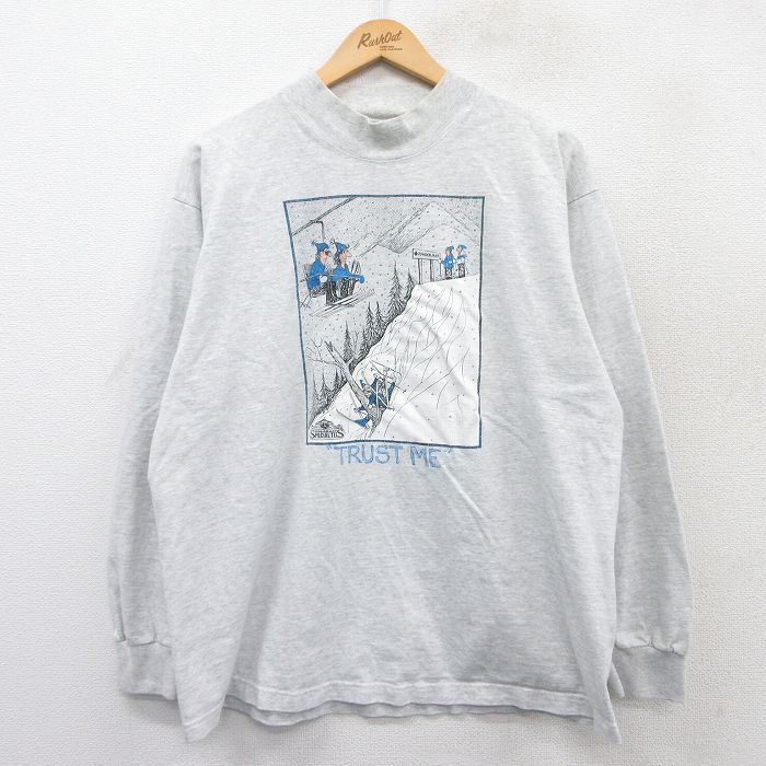 XL★古着 長袖 ビンテージ Tシャツ メンズ 90年代 90s スキー 大きいサイズ モックネック ハイネック USA製 グレー 霜降り 25mar21 中古