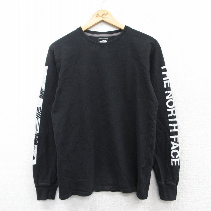 M★古着 ノースフェイス THE NORTH FACE 長袖 Tシャツ メンズ ビッグロゴ コットン クルーネック 黒 ブラック 25mar21 中古