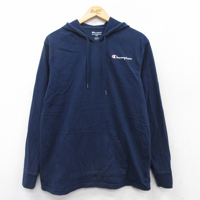 L★古着 チャンピオン champion 長袖 Tシャツ パーカー メンズ ワンポイントロゴ コットン 紺 ネイビー 25mar21 中古