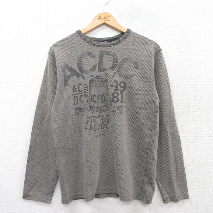 M★古着 長袖 ロックバンド サーマル Tシャツ メンズ AC/DC クルーネック ベージュ カーキ 25mar21 中古