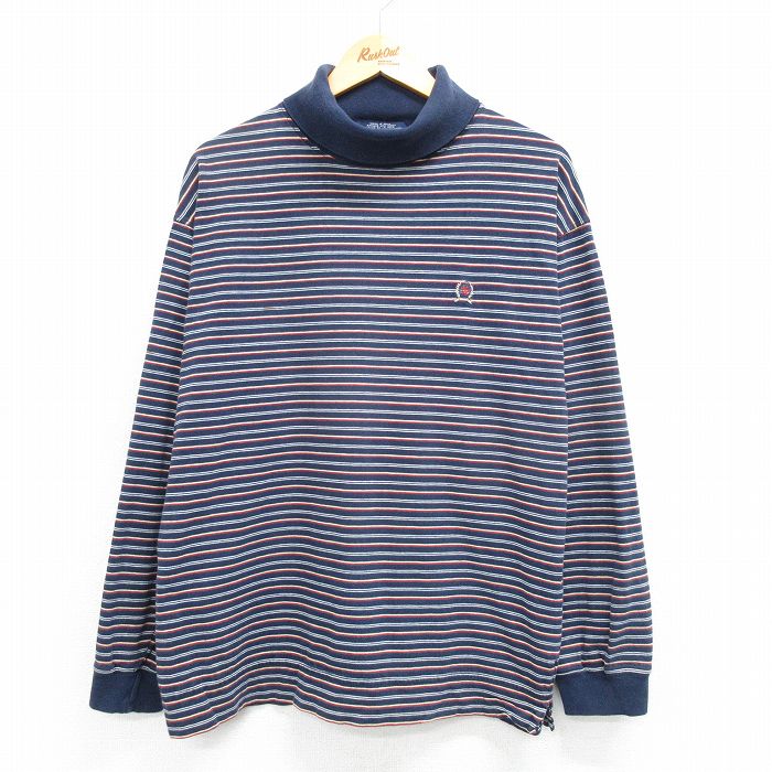 XL★古着 トミーヒルフィガー TOMMY HILFIGER 長袖 ブランド Tシャツ メンズ 90年代 90s ワンポイントロゴ コットン タートルネック ハイネック 紺他 ネイビー ボーダー 25mar22 中古