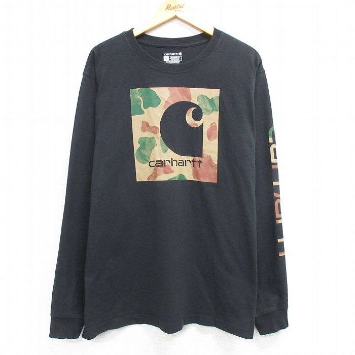 XL★古着 カーハート Carhartt 長袖 Tシャツ メンズ ビッグロゴ 大きいサイズ コットン クルーネック 黒 ブラック 25mar22 中古