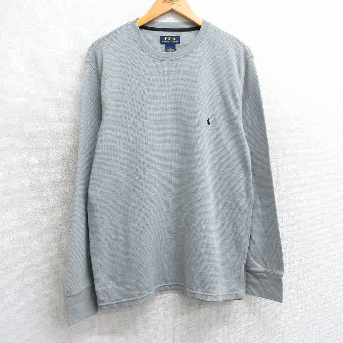 XL★古着 ラルフローレン Ralph Lauren 長袖 ブランド サーマル Tシャツ メンズ ワンポイントロゴ クルーネック グレー 25mar24 中古