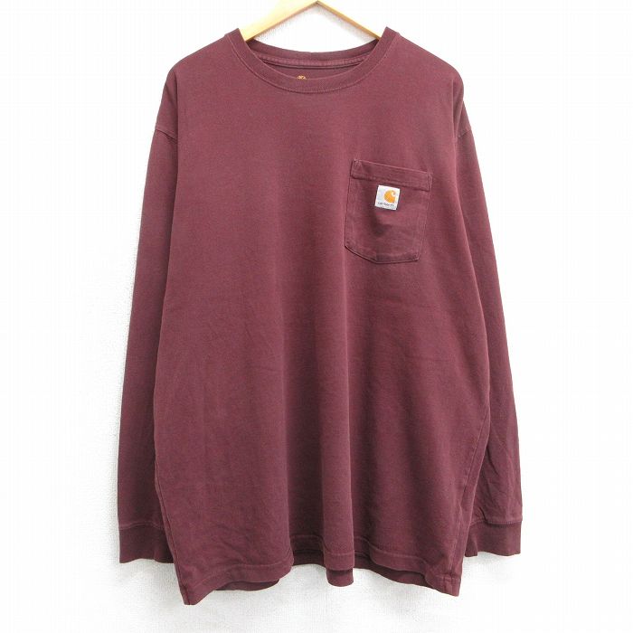 【50%OFF】XL★古着 カーハート Carhartt 長袖 Tシャツ メンズ ワンポイントロゴ 胸ポケット付き 大きいサイズ コットン クルーネック エンジ 25mar24 中古