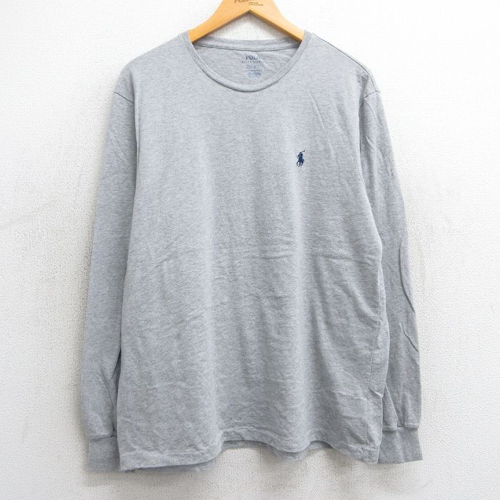 XL★古着 ラルフローレン Ralph Lauren 長袖 ブランド Tシャツ メンズ ワンポイントロゴ コットン クルーネック グレー 霜降り 25mar24 中古