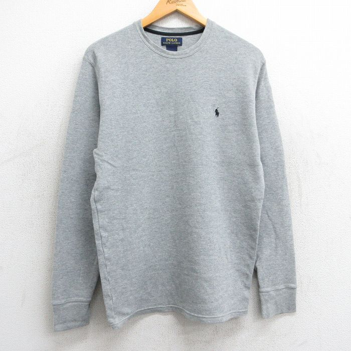 L★古着 ラルフローレン Ralph Lauren 長袖 ブランド サーマル Tシャツ メンズ ワンポイントロゴ コットン クルーネック グレー 霜降り 25mar24 中古