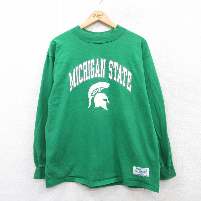 XL★古着 ディスカス 長袖 ビンテージ Tシャツ メンズ 90年代 90s ミシガン コットン クルーネック USA製 緑 グリーン 25mar28 中古