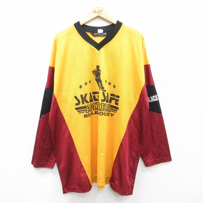 XL★古着 長袖 ビンテージ Tシャツ アイスホッケー ジャージ メンズ 90年代 90s SKATE SAFE 大きいサイズ ロング丈 メッシュ地 Vネック USA製 黄他 イエロー 【spe】 25mar28 中古
