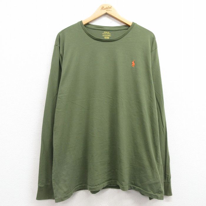 XL★古着 ラルフローレン Ralph Lauren 長袖 ブランド Tシャツ メンズ ワンポイントロゴ 大きいサイズ コットン クルーネック 緑 グリーン 25mar29 中古
