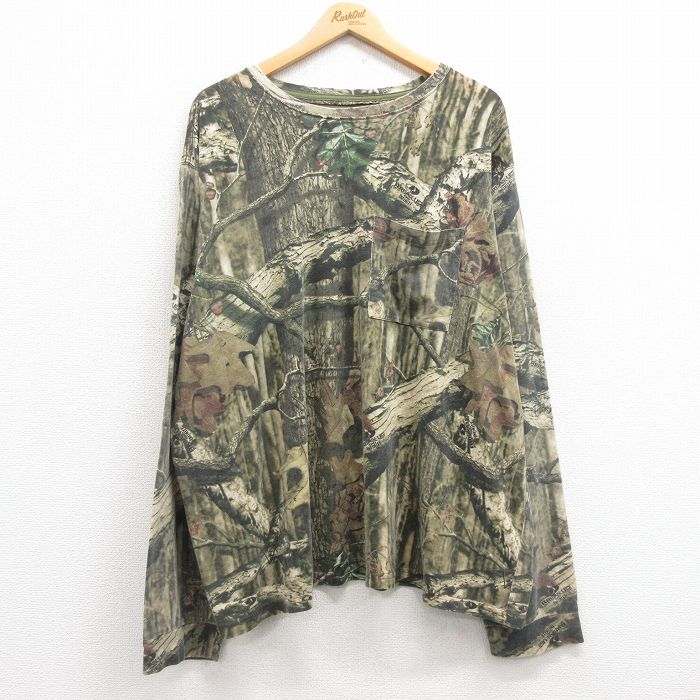 XL★古着 長袖 Tシャツ メンズ 胸ポケット付き 大きいサイズ クルーネック 緑他 グリーン 迷彩 25mar29 中古