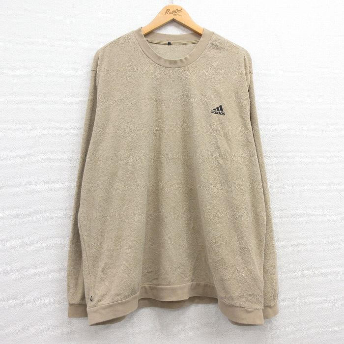 XL★古着 アディダス adidas 長袖 トップス メンズ ワンポイントロゴ パイル地 大きいサイズ クルーネック ベージュ カーキ 25mar29 中古