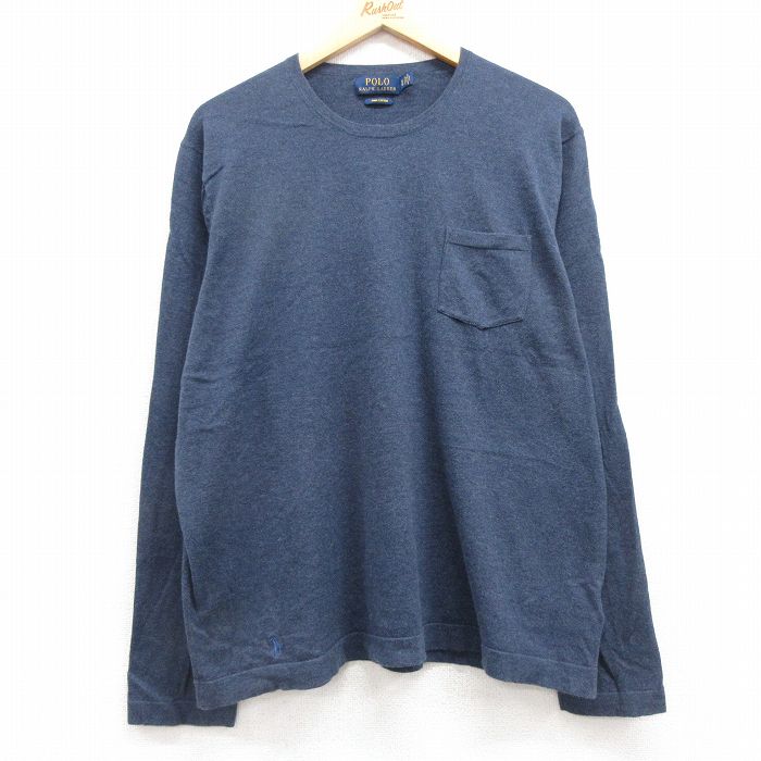【20%OFF】XL★古着 ラルフローレン Ralph Lauren 長袖 ブランド Tシャツ メンズ ワンポイントロゴ 裾ロゴ 胸ポケット付き 大きいサイズ コットン クルーネック 紺 ネイビー 霜降り 25mar29 中古