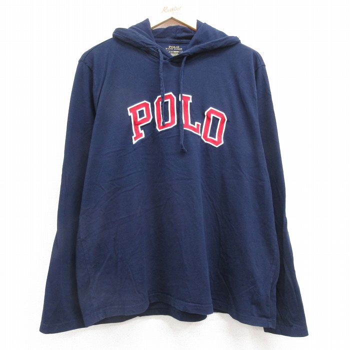 XL★古着 ラルフローレン Ralph Lauren 長袖 ブランド Tシャツ パーカー メンズ ビッグロゴ 刺繍 コットン 紺 ネイビー 25mar29 中古