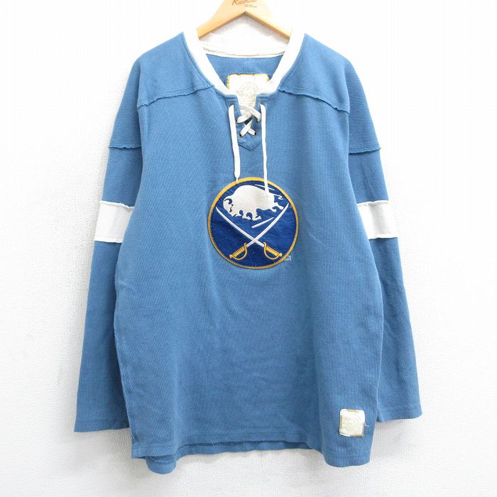 XL★古着 長袖 Tシャツ アイスホッケー ジャージ メンズ NHL バッファローセイバーズ 大きいサイズ ロング丈 コットン 薄紺 ネイビー ユニフォーム ゲームシャツ 25mar29 中古
