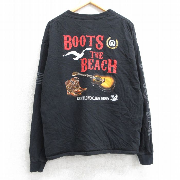 XL★古着 ヘインズ Hanes 長袖 Tシャツ メンズ ギター ウエスタンブーツ コットン クルーネック 黒 ブラック 25mar29 中古