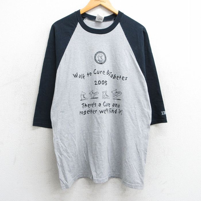 XL★古着 7分袖 ビンテージ Tシャツ メンズ 00年代 00s スニーカー IBM ラグラン ツートンカラー クルーネック グレー他 霜降り 【spe】 25mar29 中古 7分丈 七分丈 七分袖