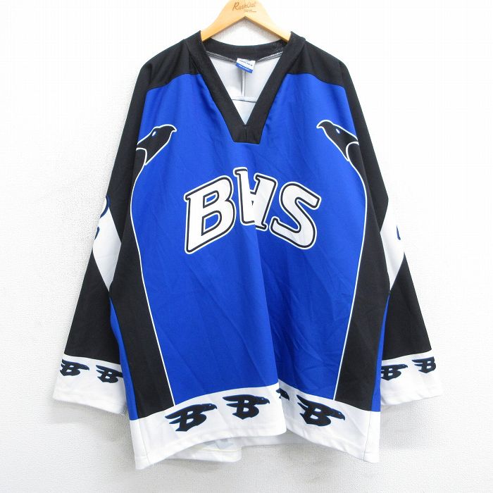 XL★古着 長袖 ビンテージ フットボール Tシャツ メンズ 00年代 00s BHS THURMAN BLACKHAWHS Z 大きいサイズ ロング丈 Vネック カナダ製 黒他 ブラック ユニフォーム ゲームシャツ 25mar29 中古