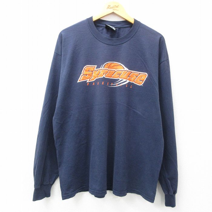 XL★古着 STEVE&BARRYS 長袖 ビンテージ Tシャツ メンズ 00年代 00s シラキュース 大きいサイズ コットン クルーネック 紺 ネイビー 25mar31 中古