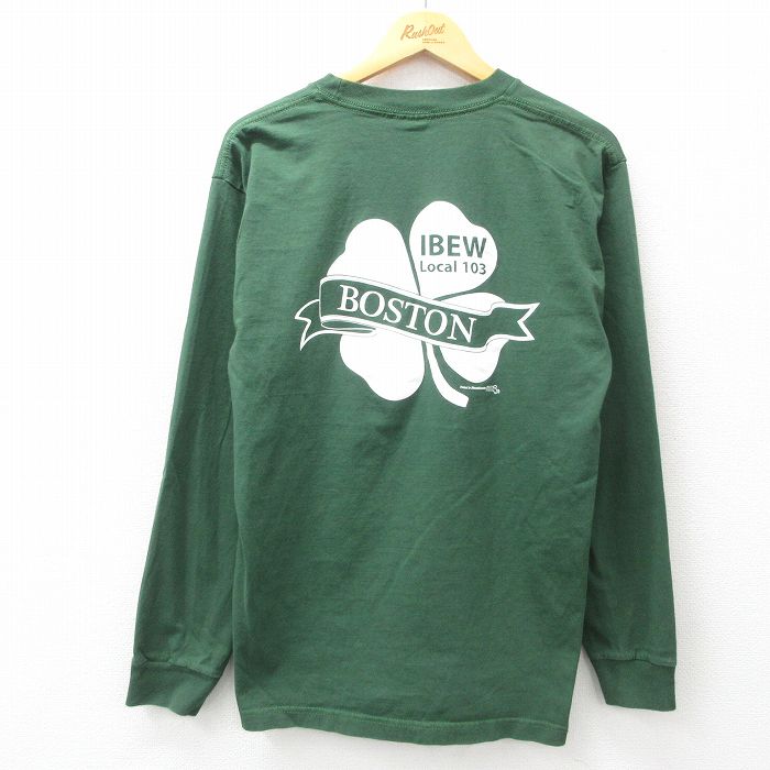 L★古着 長袖 ビンテージ Tシャツ メンズ 00年代 00s ボストン 胸ポケット付き コットン クルーネック USA製 緑 グリーン 25mar31 中古