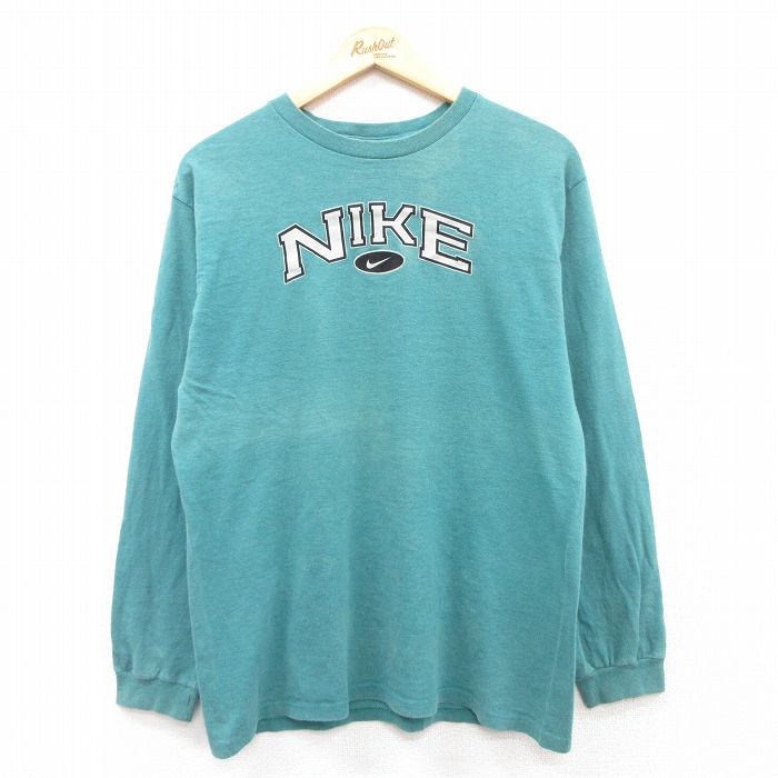 M★古着 ナイキ NIKE 長袖 ビンテージ Tシャツ メンズ 00年代 00s ビッグロゴ コットン クルーネック 青緑 【spe】 25mar31 中古