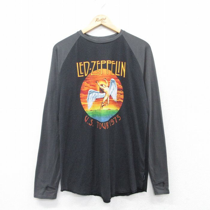 L★古着 長袖 ロック バンド Tシャツ メンズ レッドツェッペリン ツートンカラー ラグラン クルーネック 黒他 ブラック 25mar31 中古