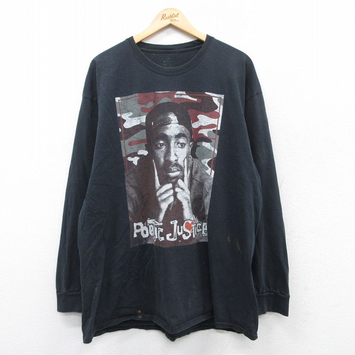XL★古着 長袖 Tシャツ メンズ 映画 ポエスティックジャスティス 2PAC 大きいサイズ クルーネック 黒 ブラック 25mar31 中古