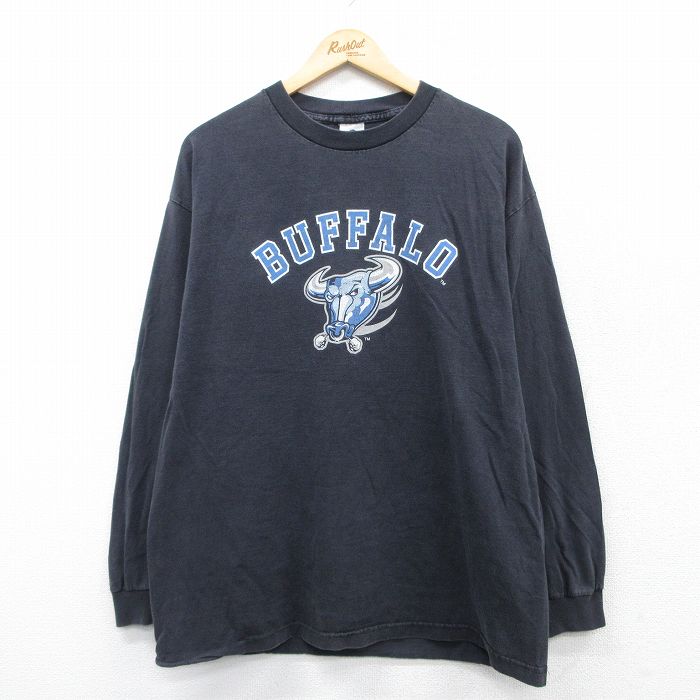 XL★古着 長袖 ビンテージ Tシャツ メンズ 00年代 00s バッファロー コットン クルーネック 黒 ブラック 25mar31 中古