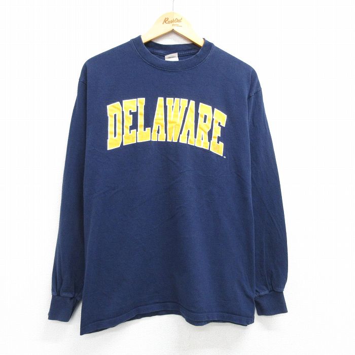 XL★古着 長袖 ビンテージ Tシャツ メンズ 90年代 90s DELAWARE コットン クルーネック USA製 紺 ネイビー 25apr02 中古