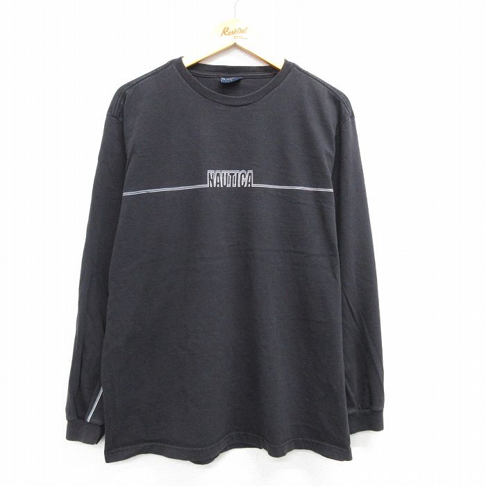 XL★古着 ノーティカ NAUTICA 長袖 ブランド Tシャツ メンズ ビッグロゴ コットン クルーネック カナダ製 黒 ブラック 25apr02 中古