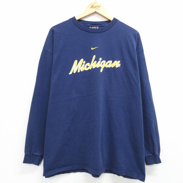 XL★古着 ナイキ NIKE 長袖 ビンテージ Tシャツ メンズ 00年代 00s ミシガン 大きいサイズ コットン クルーネック 紺 ネイビー 25apr02 中古