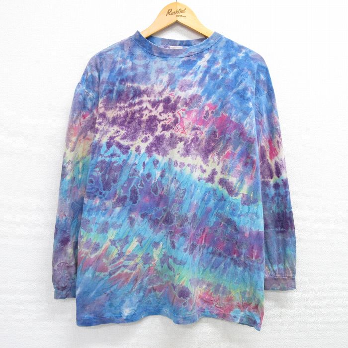 XL★古着 長袖 ビンテージ Tシャツ メンズ 00年代 00s 無地 大きいサイズ クルーネック 青他 ブルー タイダイ 25apr02 中古