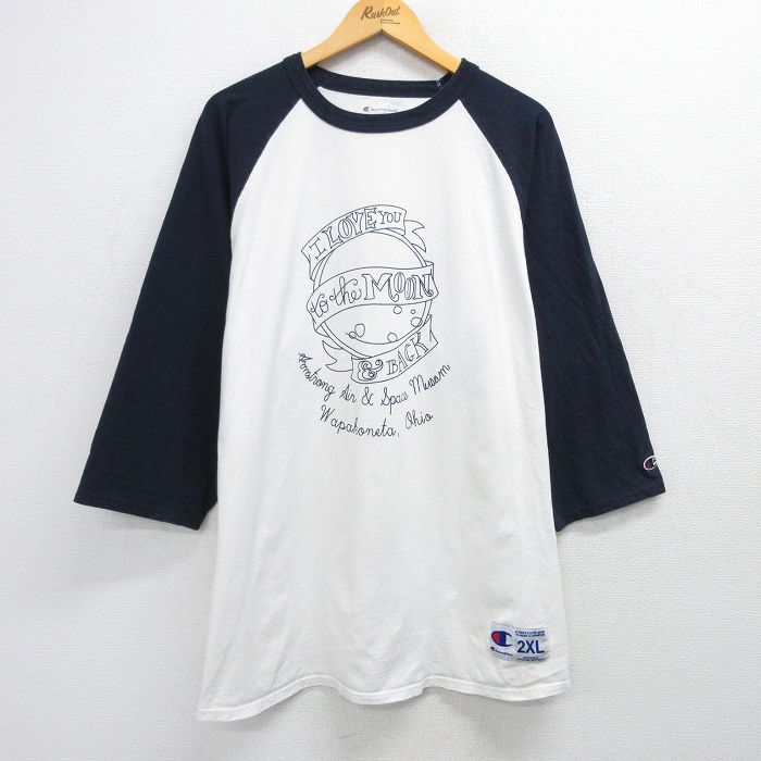 XL★古着 チャンピオン champion 7分袖 Tシャツ メンズ MOON&BLACK ラグラン 大きいサイズ ロング丈 コットン クルーネック 白他 ホワイト 25apr02 中古 7分丈 七分丈 七分袖