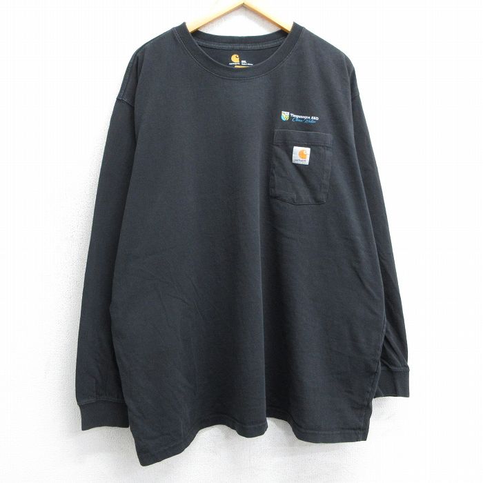 XL★古着 カーハート Carhartt 長袖 Tシャツ メンズ ワンポイントロゴ ティンパノーゴス SSD 胸ポケット付き 大きいサイズ コットン クルーネック 黒 ブラック 25apr01 中古