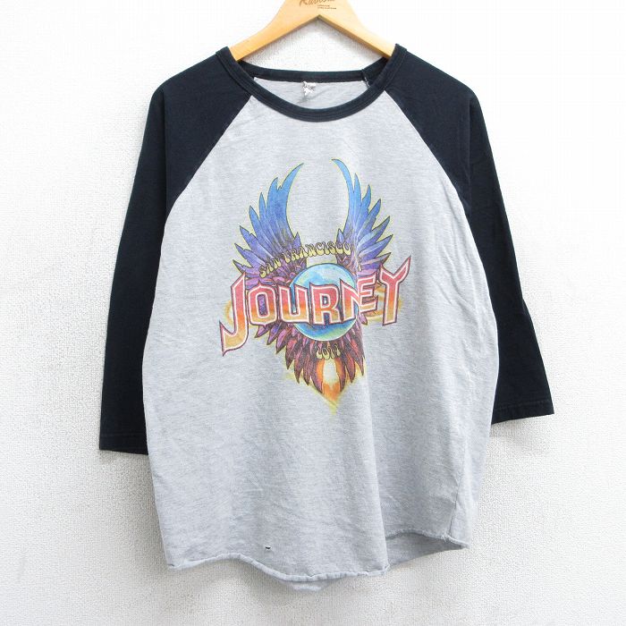 L★古着 7分袖 ロック バンド Tシャツ メンズ ジャーニー ラグラン ツートンカラー クルーネック 黒他 ブラック 25apr01 中古 7分丈 七分丈 七分袖