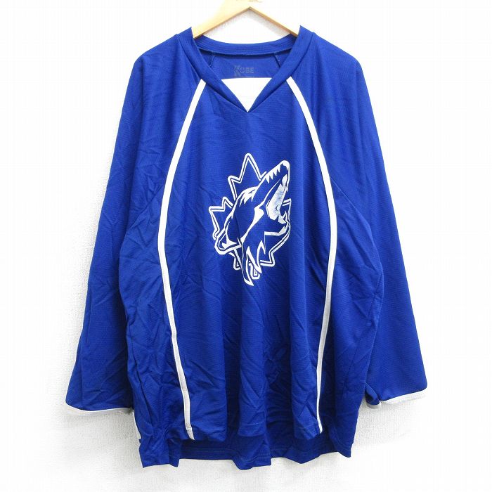 XL★古着 長袖 Tシャツ アイスホッケー ジャージ メンズ COYOTES ラグラン メッシュ地 大きいサイズ Vネック カナダ製 青 ブルー ユニフォーム ゲームシャツ 25apr01 中古