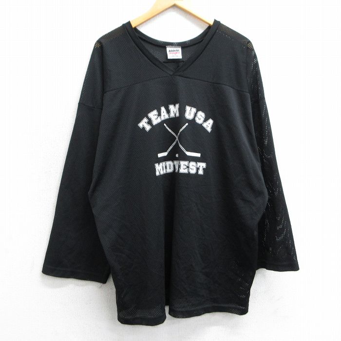 XL★古着 長袖 ビンテージ Tシャツ アイスホッケー ジャージ メンズ 90年代 90s MIDWEST 14 大きいサイズ メッシュ地 Vネック USA製 黒 ブラック ユニフォーム ゲームシャツ 25apr01 中古