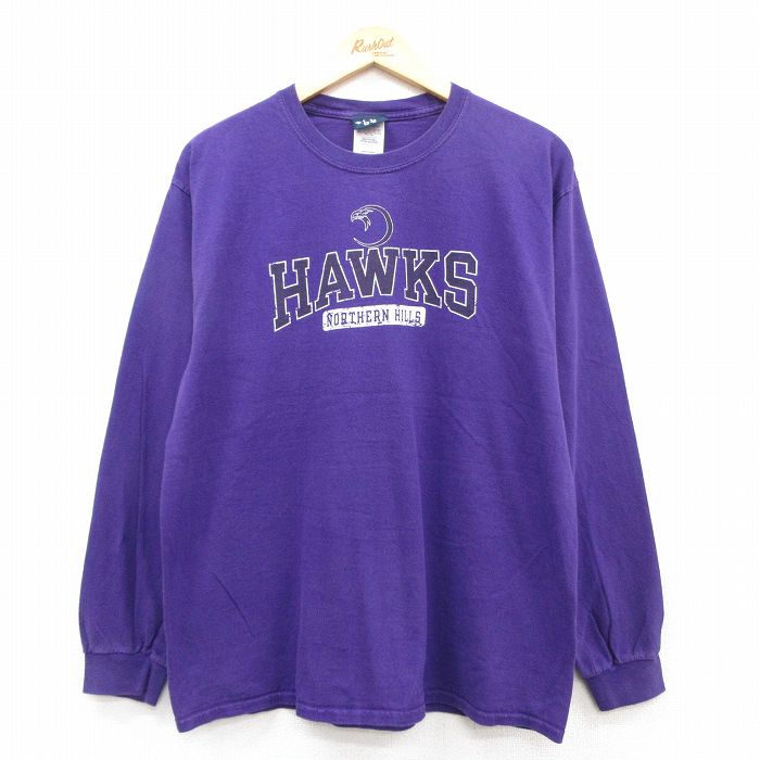 XL★古着 長袖 ビンテージ Tシャツ メンズ 00年代 00s HAWKS コットン クルーネック 紫 パープル 25apr09 中古
