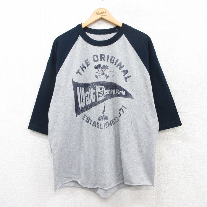 XL★古着 7分袖 Tシャツ メンズ ディズニー DISNEY ミッキー MICKEY MOUSE ツートンカラー ラグラン クルーネック グレー他 霜降り 25apr09 中古 7分丈 七分丈 七分袖