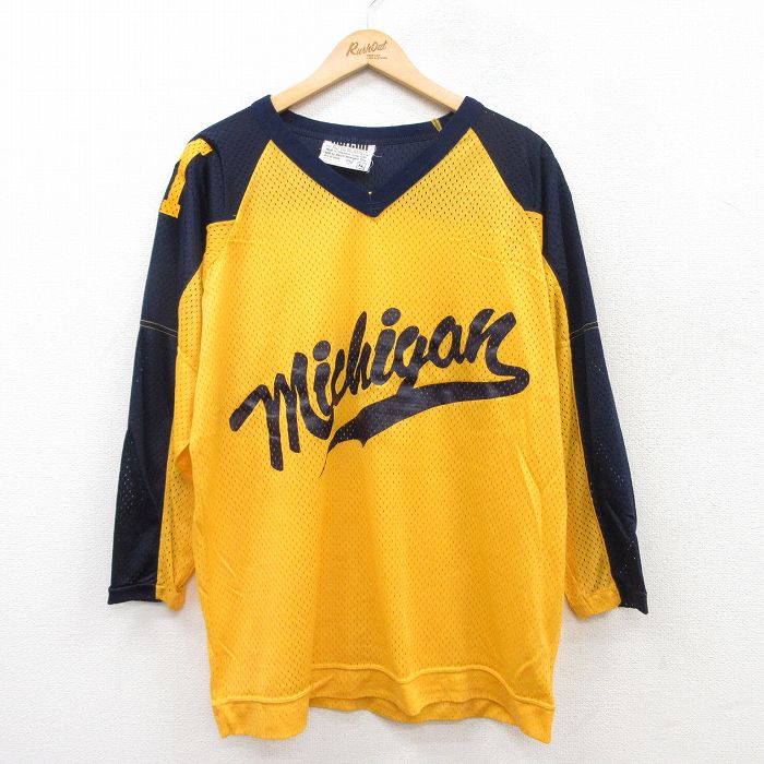 XL★古着 長袖 ビンテージ Tシャツ メンズ 80年代 80s ミシガン メッシュ地 Vネック 黄他 イエロー 【spe】 25apr09 中古