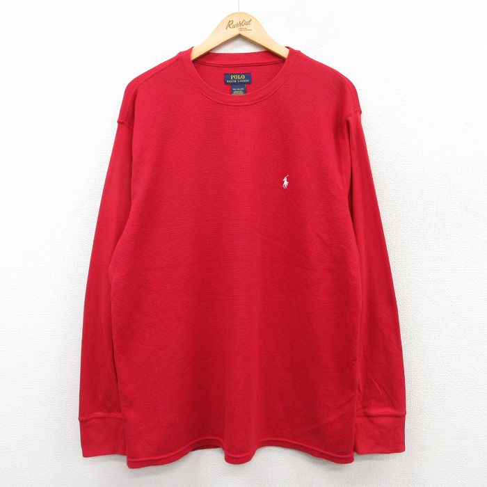 XL★古着 ラルフローレン Ralph Lauren 長袖 ブランド サーマル Tシャツ メンズ ワンポイントロゴ 大きいサイズ クルーネック 赤 レッド 25apr09 中古