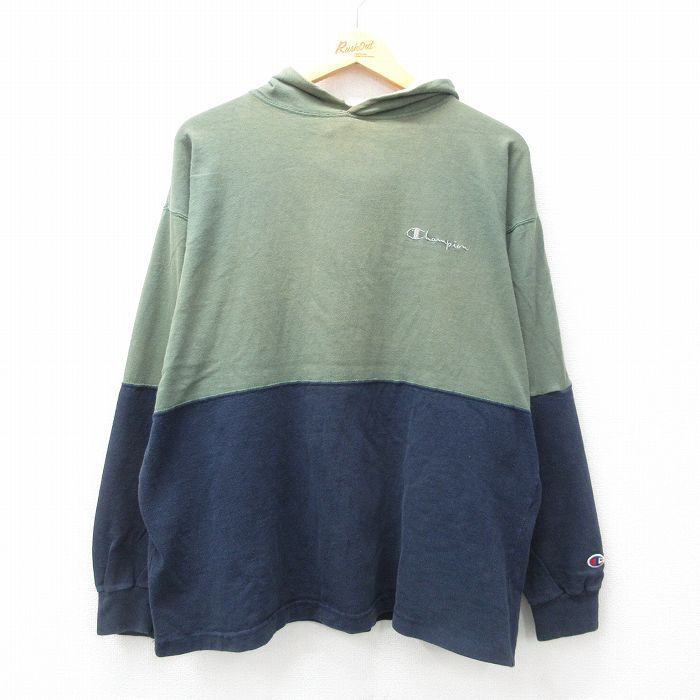 XL★古着 チャンピオン champion 長袖 ビンテージ Tシャツ パーカー メンズ 90年代 90s ワンポイントロゴ ツートンカラー 大きいサイズ コットン USA製 緑他 グリーン 【spe】 25apr11 中古