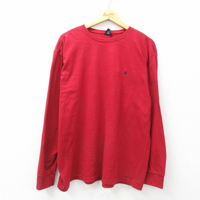 XL★古着 ラルフローレン Ralph Lauren 長袖 ブランド Tシャツ メンズ 90年代 90s ワンポイントロゴ 大きいサイズ コットン クルーネック 赤 レッド 25apr11 中古