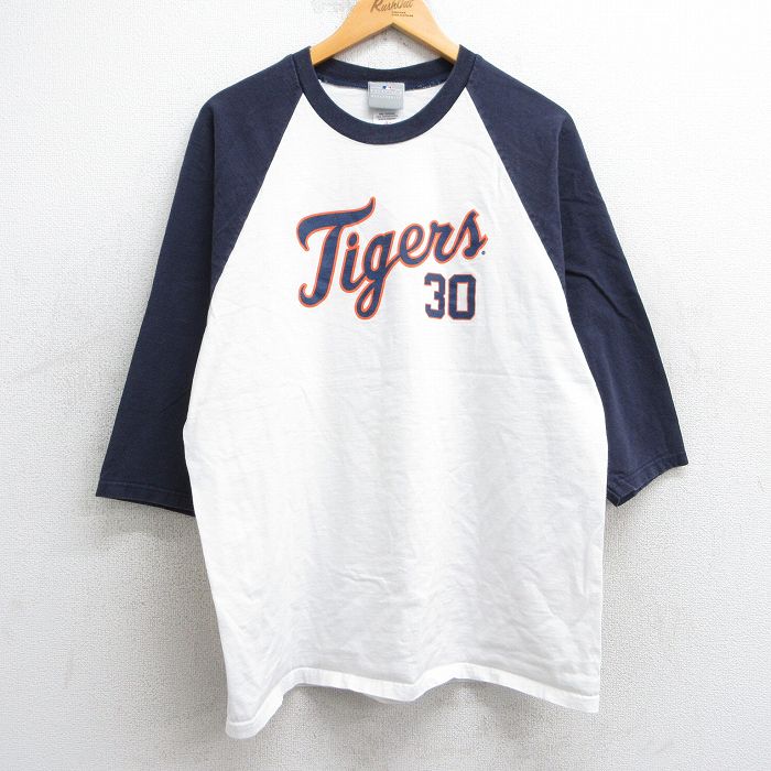 L★古着 7分袖 ビンテージ Tシャツ メンズ 00年代 00s MLB デトロイトタイガース マグリオオルドニェス 30 ラグラン ツートンカラー コットン クルーネック 白他 ホワイト メジャーリーグ ベースボール 野球 25apr14 中古 7分丈 七分丈 七分袖