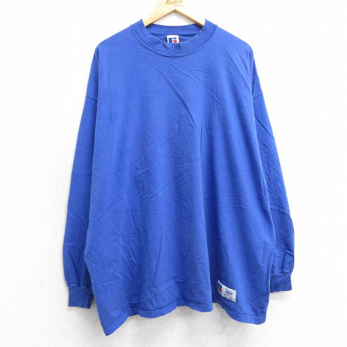 XL★古着 ラッセル 長袖 ビンテージ Tシャツ メンズ 90年代 90s 無地 大きいサイズ コットン モックネック ハイネック USA製 青 ブルー 【spe】 25apr14 中古