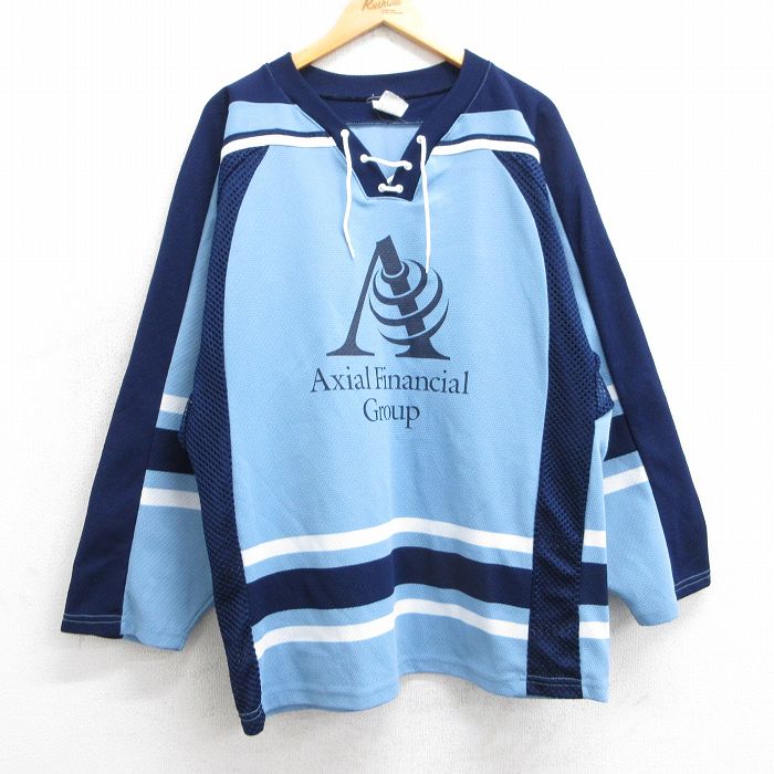 XL★古着 長袖 ビンテージ Tシャツ アイスホッケー ジャージ メンズ 90年代 90s Axial Financial Group 25 メッシュ地 ラグラン カナダ製 水色他 ユニフォーム ゲームシャツ 25apr14 中古