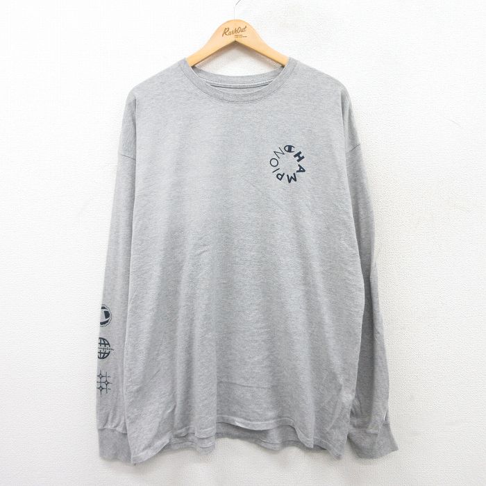 XL★古着 チャンピオン Champion 長袖 Tシャツ メンズ ワンポイントロゴ 大きいサイズ クルーネック グレー 霜降り 25apr17 中古