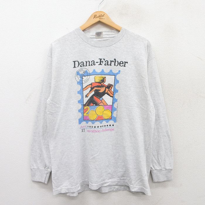 L★古着 長袖 ビンテージ Tシャツ メンズ 00年代 00s ダナファーバー マラソン コットン クルーネック 薄グレー 霜降り 25apr17 中古