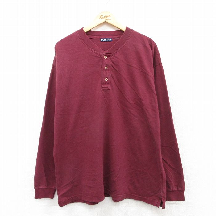 【50%OFF】XL★古着 ピューリタン 長袖 ビンテージ Tシャツ メンズ 00年代 00s 無地 大きいサイズ ヘンリーネック えんじ 25apr17 中古