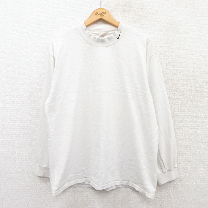 XL★古着 ナイキ NIKE 長袖 ビンテージ Tシャツ メンズ 90年代 90s ワンポイントロゴ コットン モックネック ハイネック USA製 白 ホワイト 【spe】 25apr17 中古