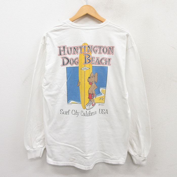 L★古着 長袖 ビンテージ Tシャツ メンズ 00年代 00s 犬 サーフィン クルーネック 白 ホワイト 25apr17 中古
